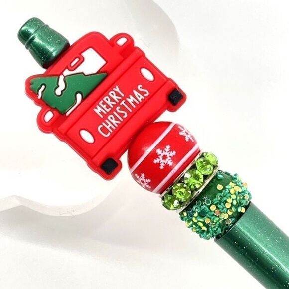 Merry Christmas pickup truck tree handmade pen NEW beads green red - Picture 2 of 6